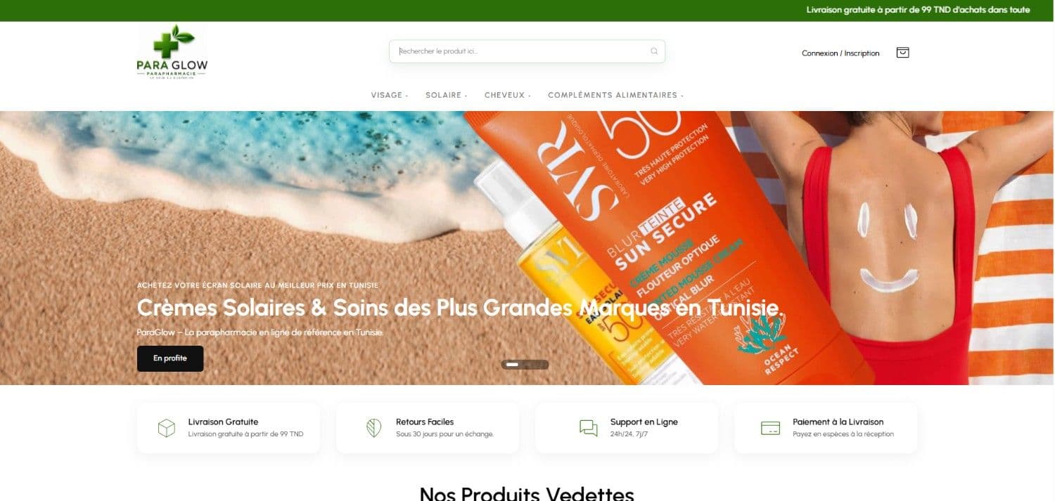 Paraglow - Site E-commerce développé par Velorex Digital Tunisie
